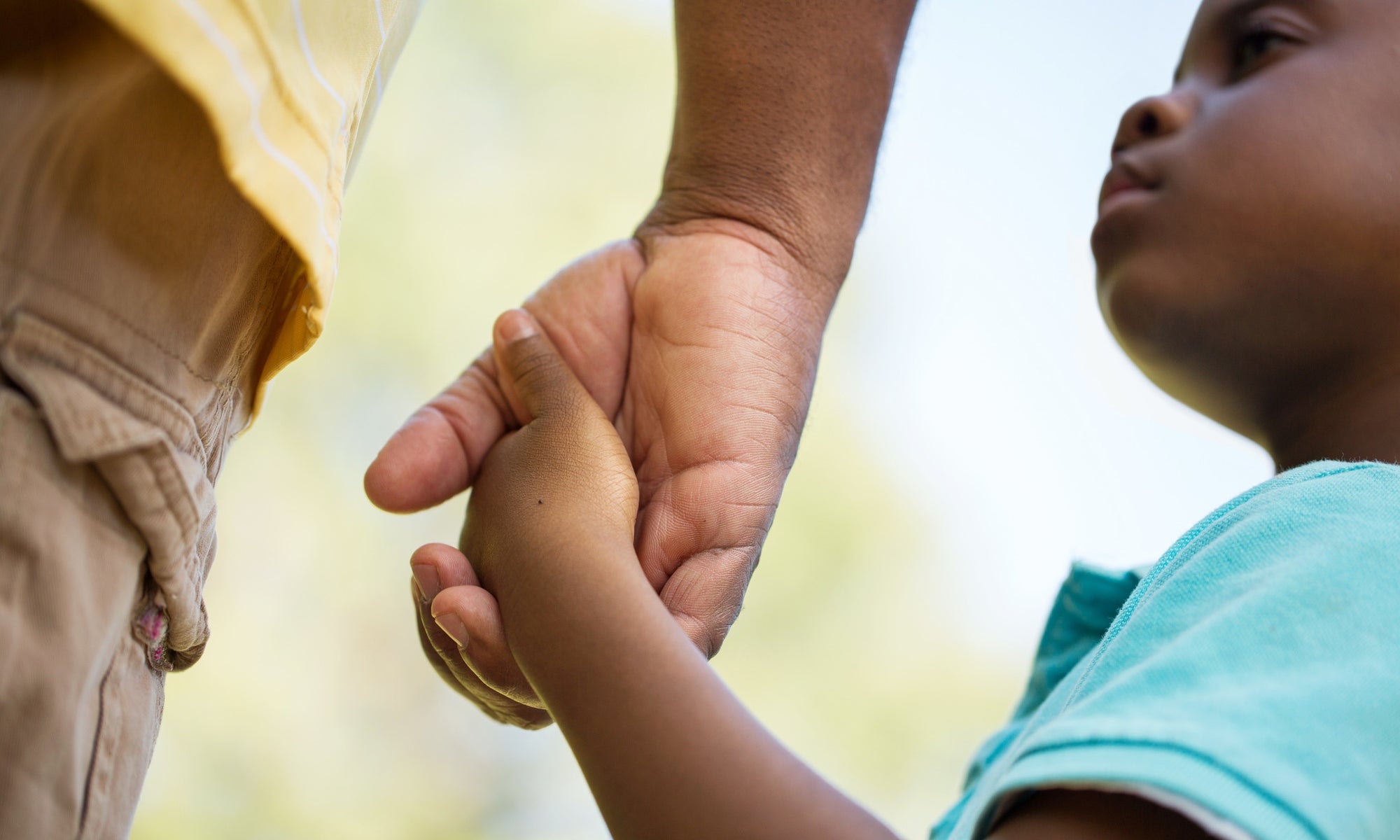 Little boy holding the hand of his father