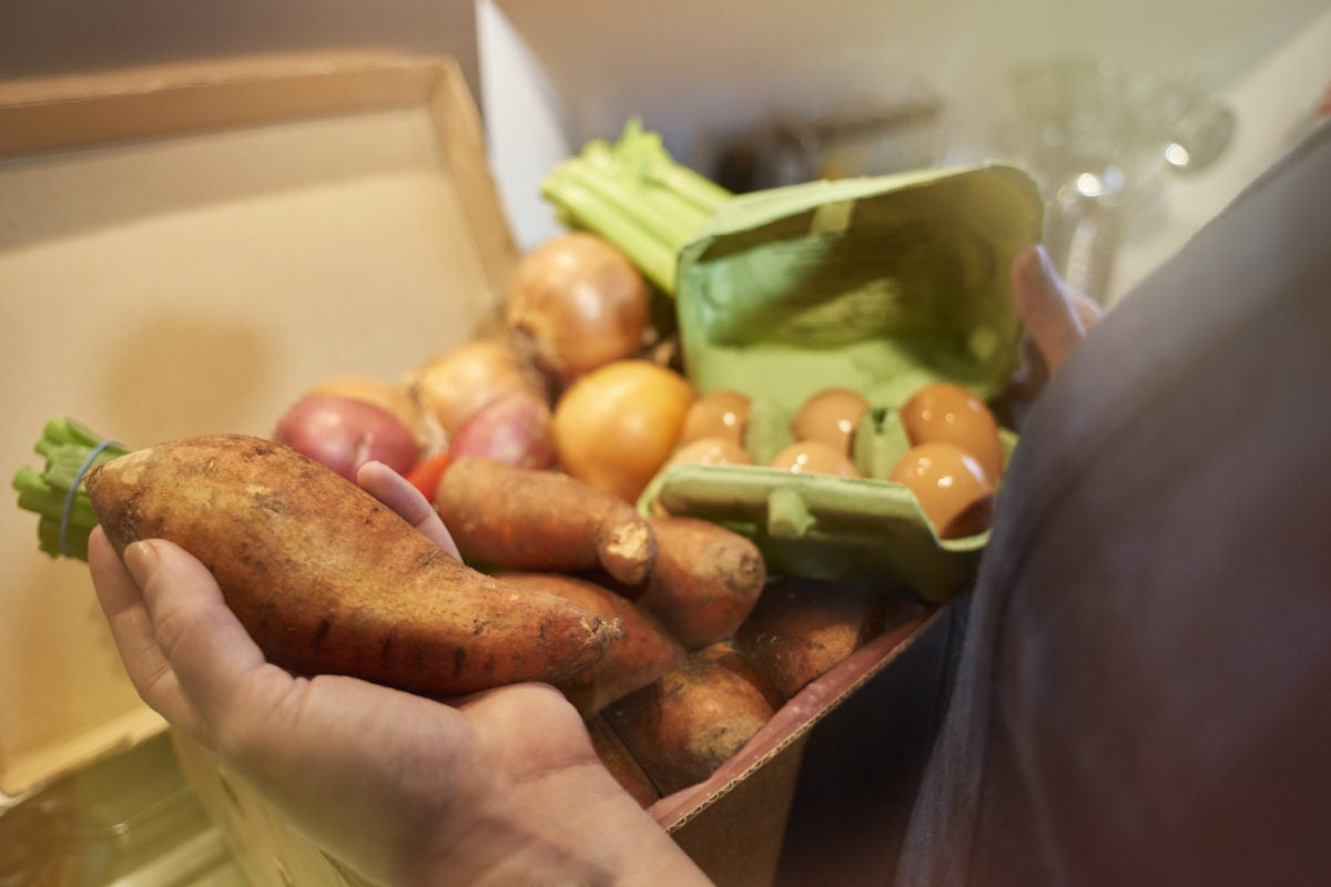 lady holding box of fresh vegetables