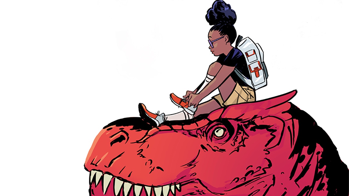 Cartoon of a girl sitting on dinosaurs head